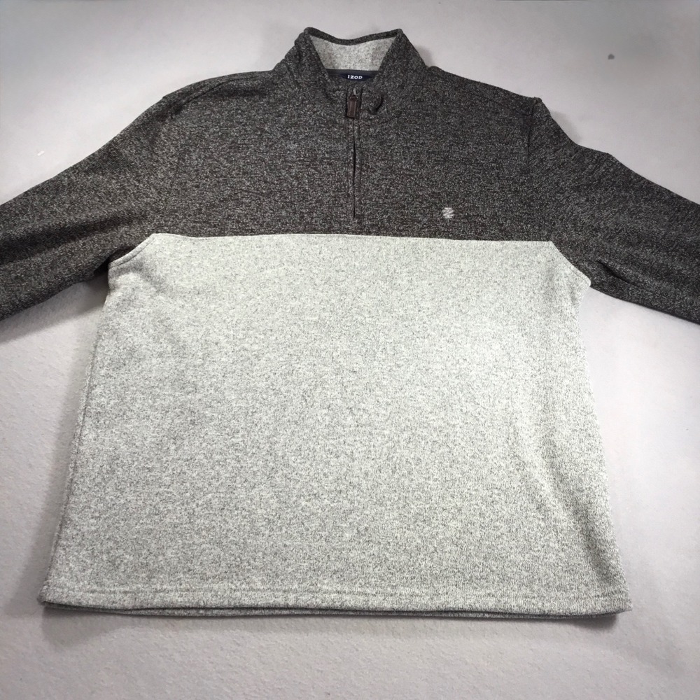 Izod Mens Quarter Zip Pullover Sweater Gray Colorblock Fleece Knit XL